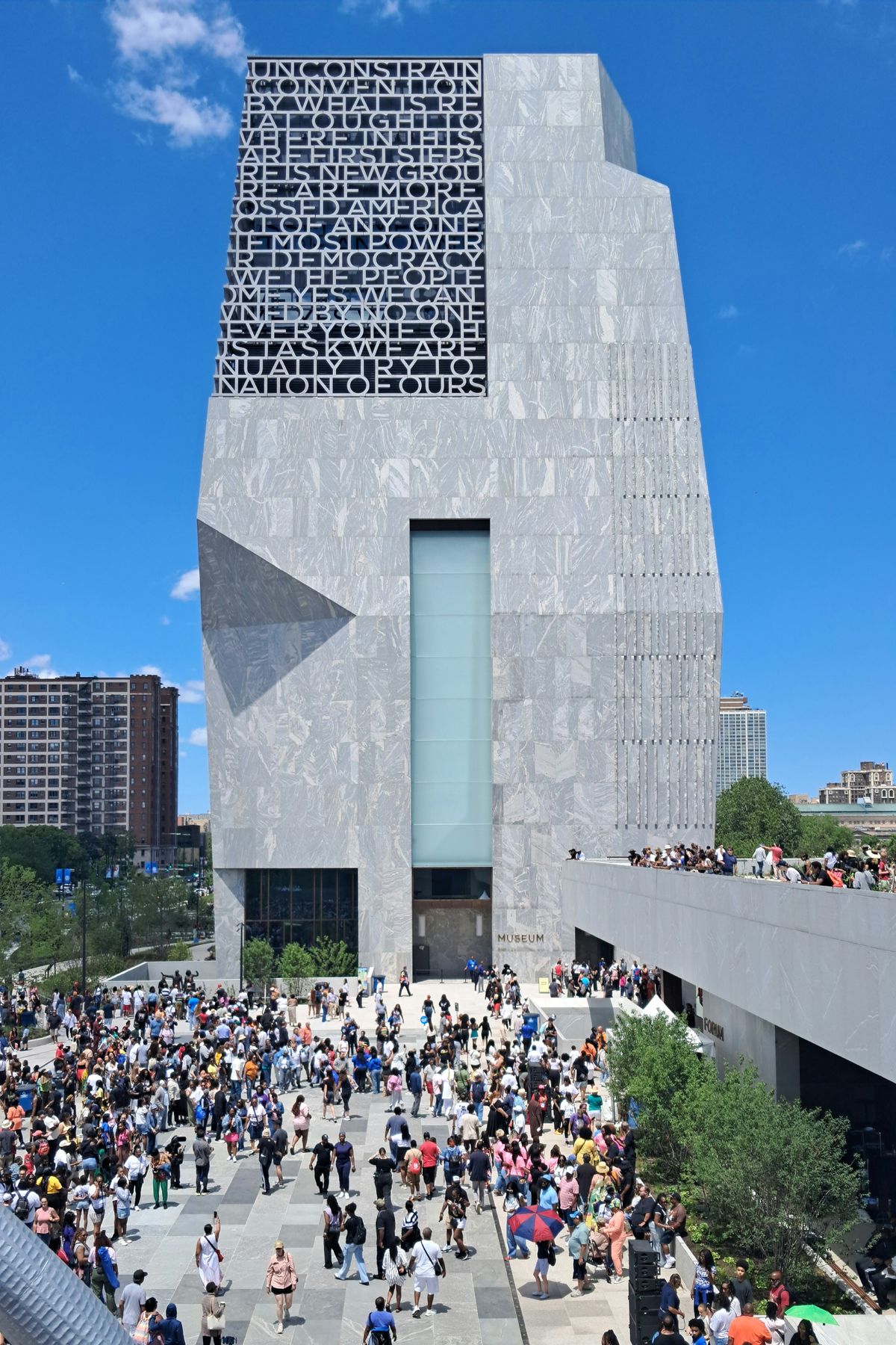Obama Center’s museum tower and John Lewis Plaza on opening day, June 2026.  (Wikimedia Commons)