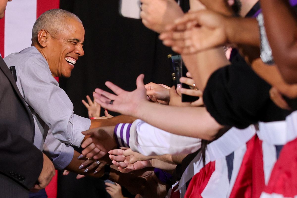 Former U.S. President Barack Obama reaches out to supporters as he is introduced at a get-out-the-vote rally as he campaigns Oct. 19 for Democratic presidential nominee and U.S. Vice President Kamala Harris at Cheyenne High School in North Las Vegas, Nev. (Getty Images)