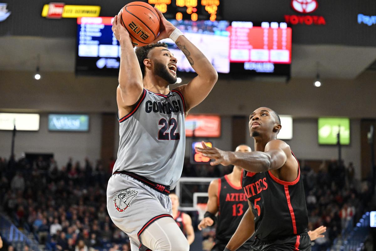 Gonzaga Bulldogs forward Anton Watson looks for an opening against San Diego State Aztecs guard Lamont Butler during the second half of a college basketball game on Dec. 29 at McCarthy Athletic Center in Spokane. San Diego State won the game 84-74. (Special to the Black Lens)