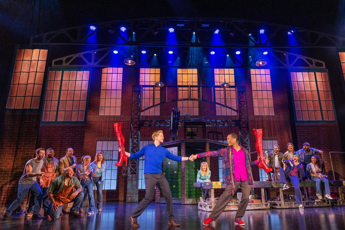 Noah Silverman (Charlie Price), left center, and Omari Collins “Scarlett D. Von’Du” (Lola) and the national touring company of “Kinky Boots,” coming Tuesday and Wednesday to the First Interstate Center for the Arts.  (Courtesy of Matthew Murphy)