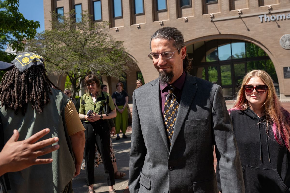 Bajun Mavalwalla II leaves the Thomas S. Foley Federal Courhouse after he was found guilty with two others of conspiracy to imped or injure a ICE agent or their property, Thursday, May 28, 2026. (COLIN MULVANY /THE SPOKESMAN-REVIEW)