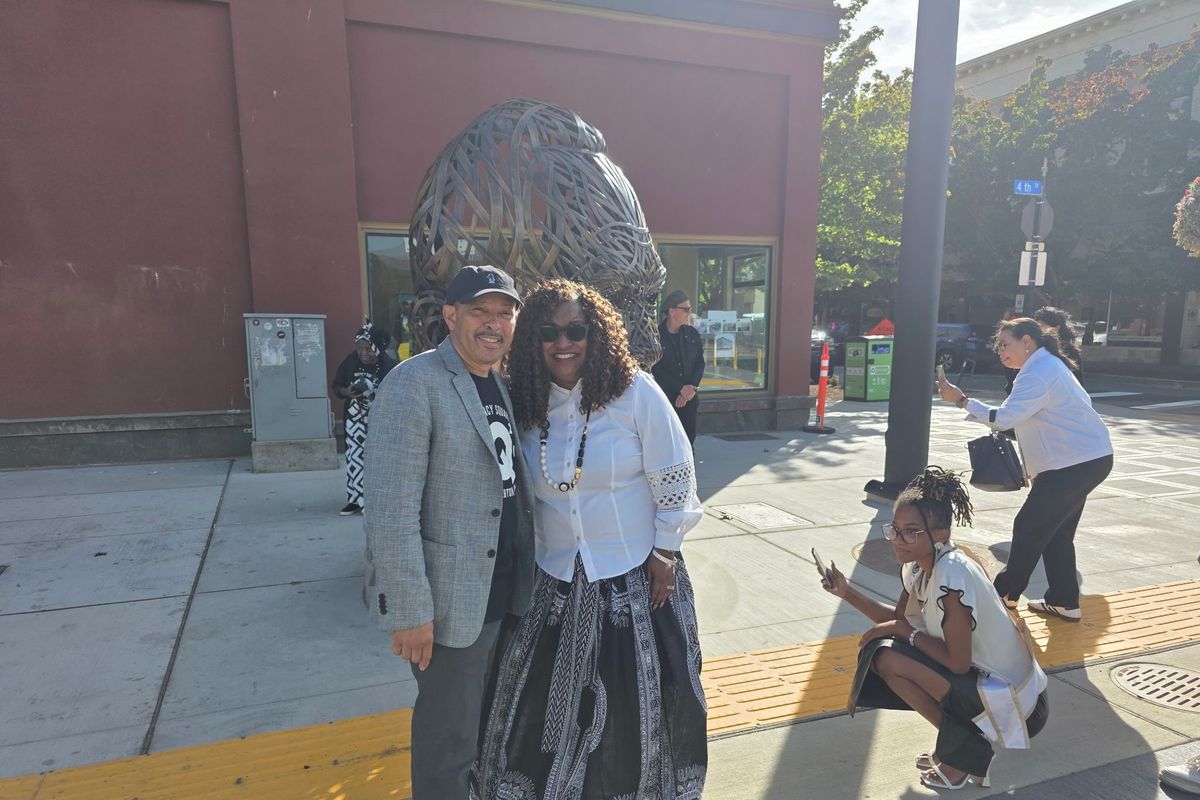 Senior U.S. district judge Richard A. Jones and Bremerton Municipal Court Judge Tracy Flood pose in Quincy Jones Square.  (Courtesy)