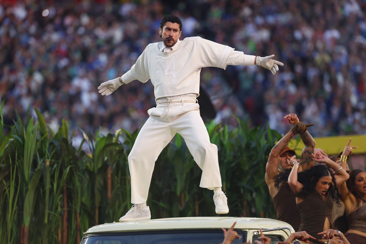 Bad Bunny performs the halftime show on Feb. 8 during Super Bowl LX between the Seattle Seahawks and the New England Patriots at Levi’s Stadium. (Mark J. Rebilas/Imagn Images)