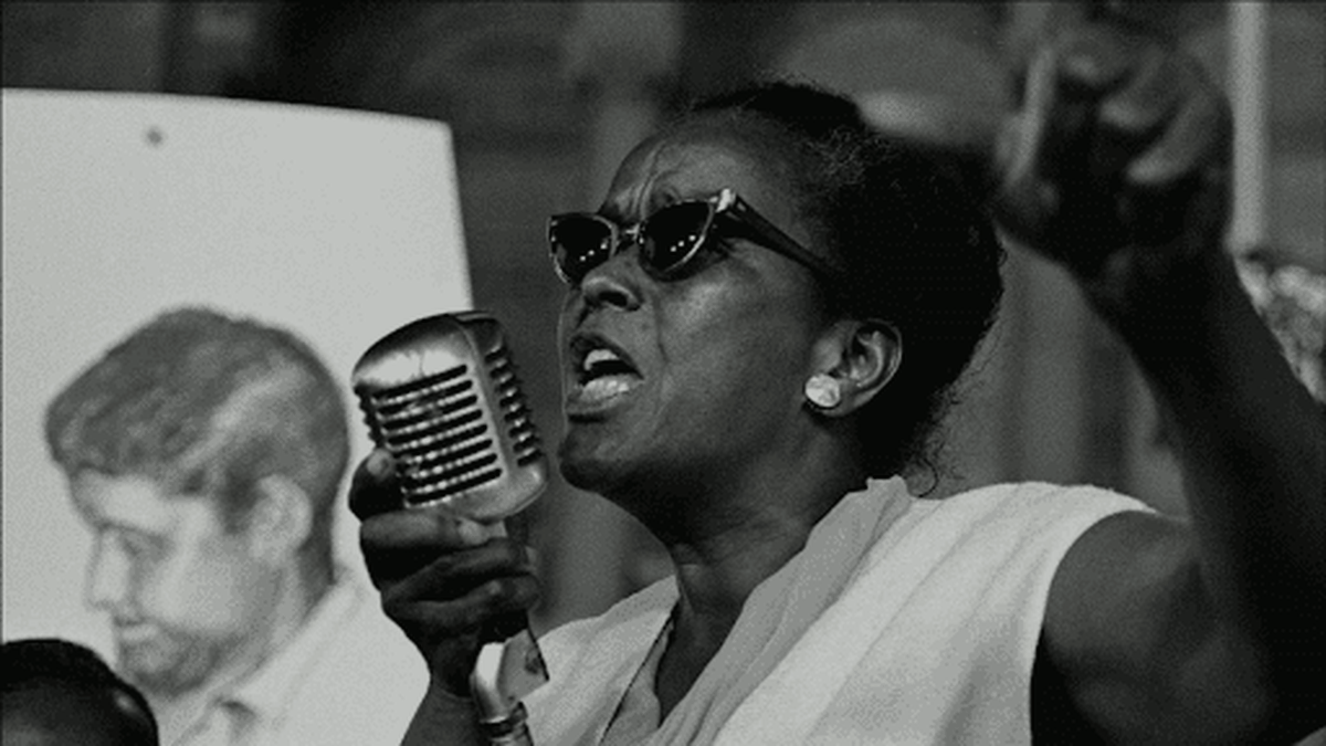 Ella Josephine Baker speaks at a Black Delegates Challenge Mississippi Democrats event in 1964. (George Ballis/Smithsonian National Museum of African American History and Culture)