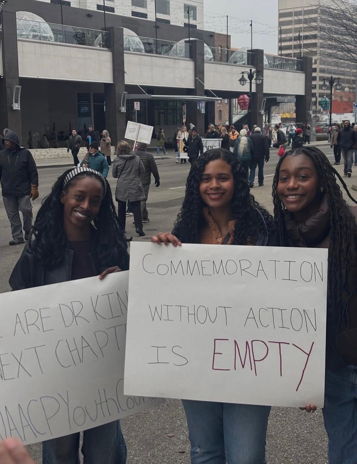 Jada Richardson, right, advocates with other area youth at the local Martin Luther King Jr. Day March in downtown Spokane. (Courtesy)