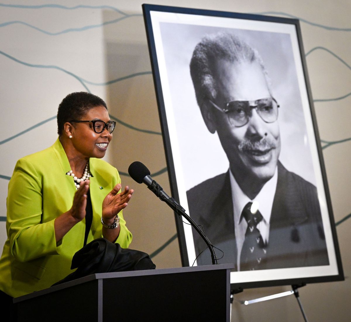 Spokane City Council President Betsy Wilkerson is all smiles after a portrait of former Spokane Mayor Jim Chase was unveiled Aug. 28 at the Chase Gallery in Spokane City Hall.  (Dan Pelle/Special to The Black Lens)